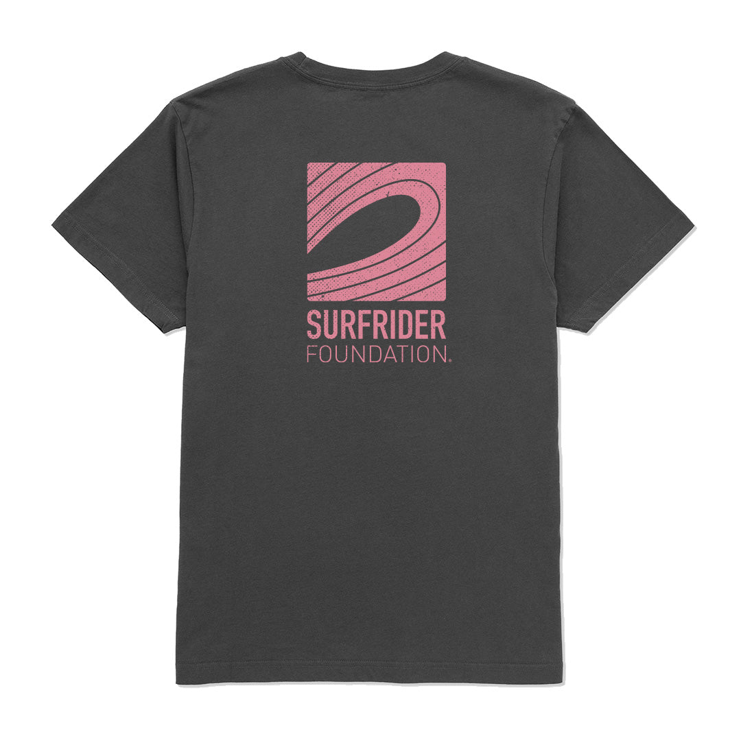 Back pink logo graphic on surfrider tee. 