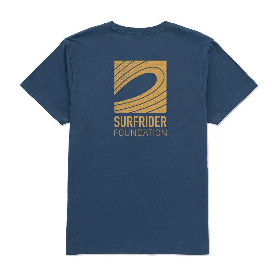 Back view of Surfrider Foundation Logo tee has a yellow graphic on navy. 